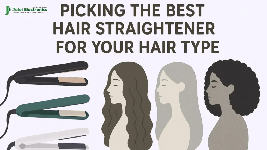 Illustration of different hair straighteners and hair types with the title Picking the Best Hair Straightener for Your Hair Type